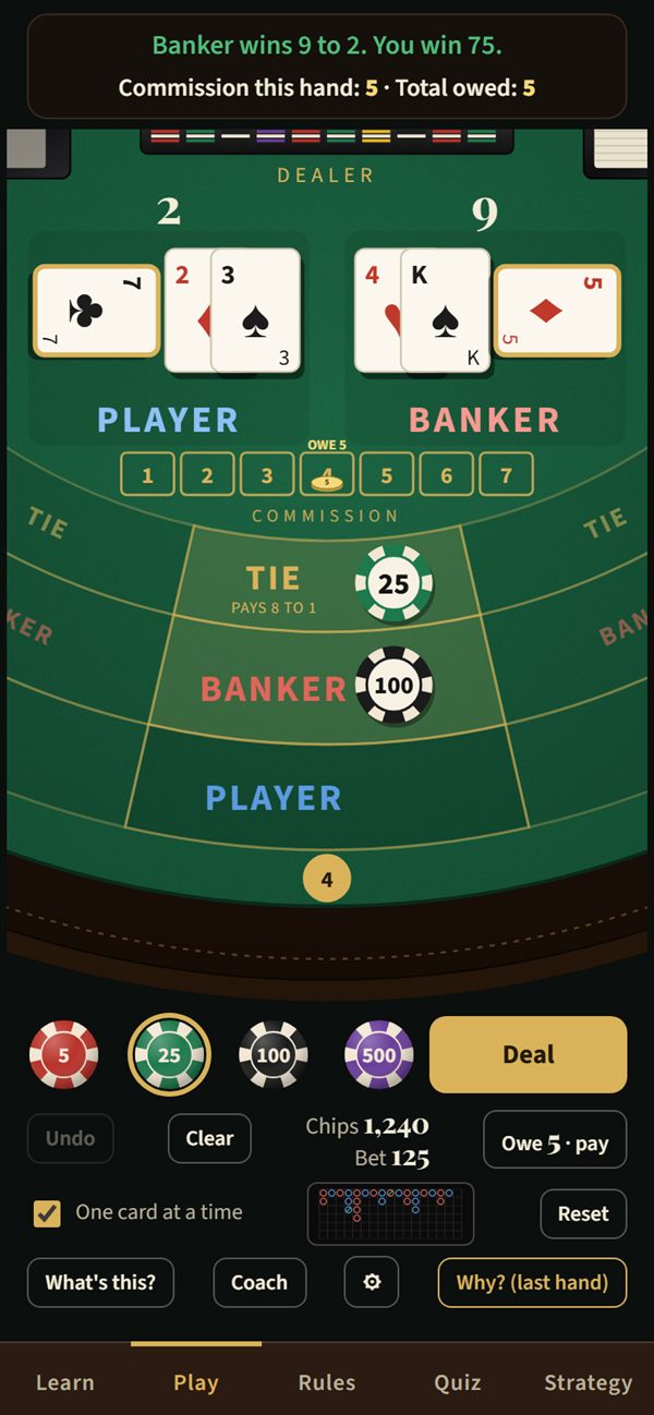 The Baccarat Trainer table: Banker wins 9 to 2, with chips on Banker and Tie