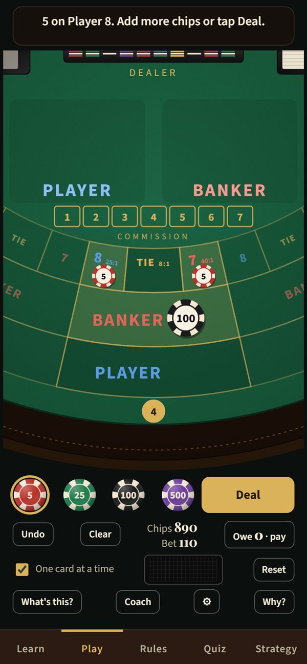 The no-commission table with the Banker 7 and Player 8 side bets